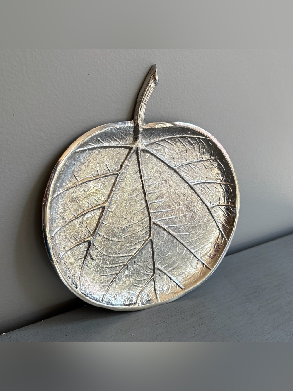 Decorative Metallic Leaf Pumpkin Accent Dish Tray Silver Color- Fall, Autumn